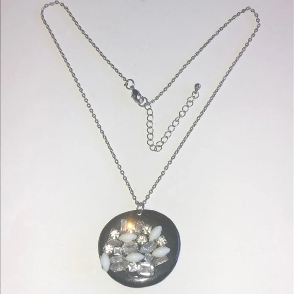 Silver Tone Black Enamel CZ Rhinestone Boho Pendant Necklace